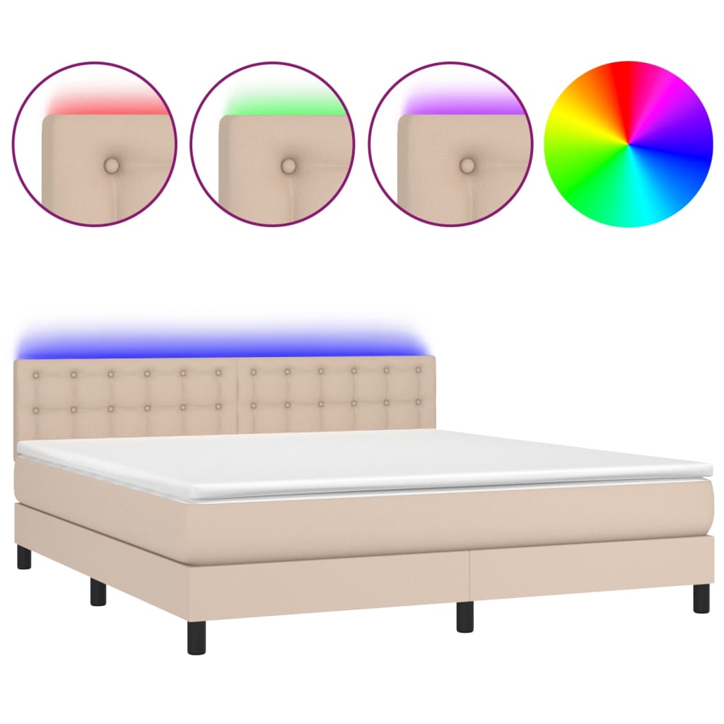 vidaXL Κρεβάτι Boxspring Στρώμα&LED Καπουτσίνο 180x200 εκ. Συνθ. Δέρμα