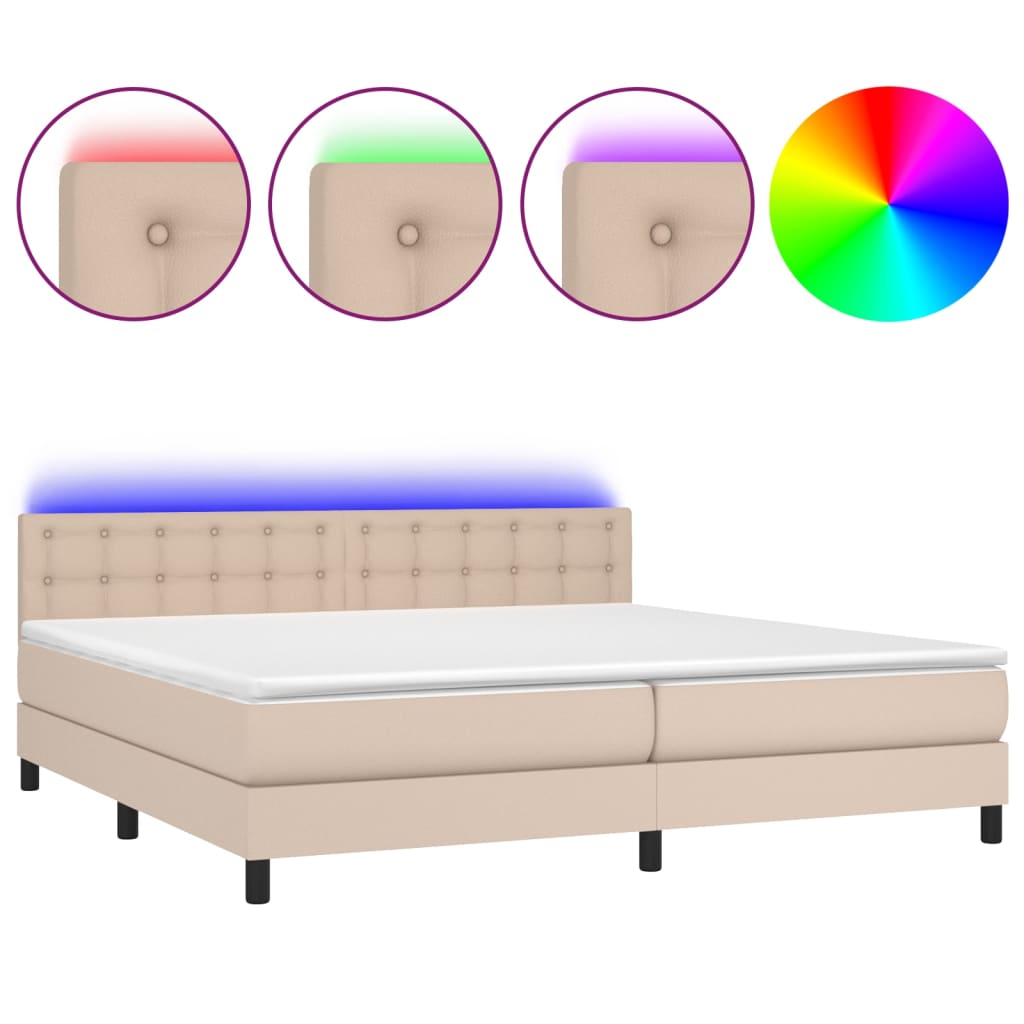 vidaXL Κρεβάτι Boxspring Στρώμα&LED Καπουτσίνο 200x200 εκ. Συνθ. Δέρμα