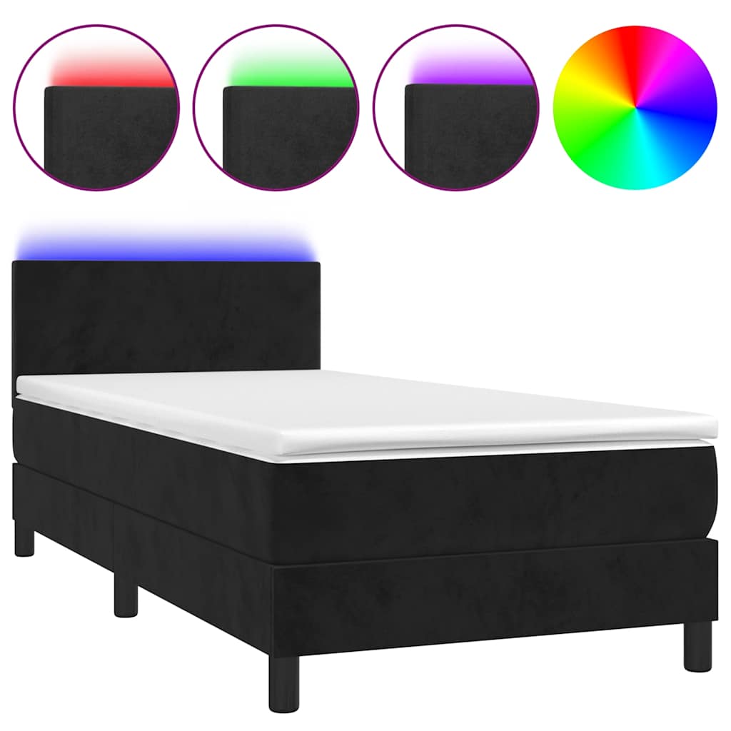 vidaXL Κρεβάτι Boxspring με Στρώμα & LED Μαύρο 90x190 εκ. Βελούδινο