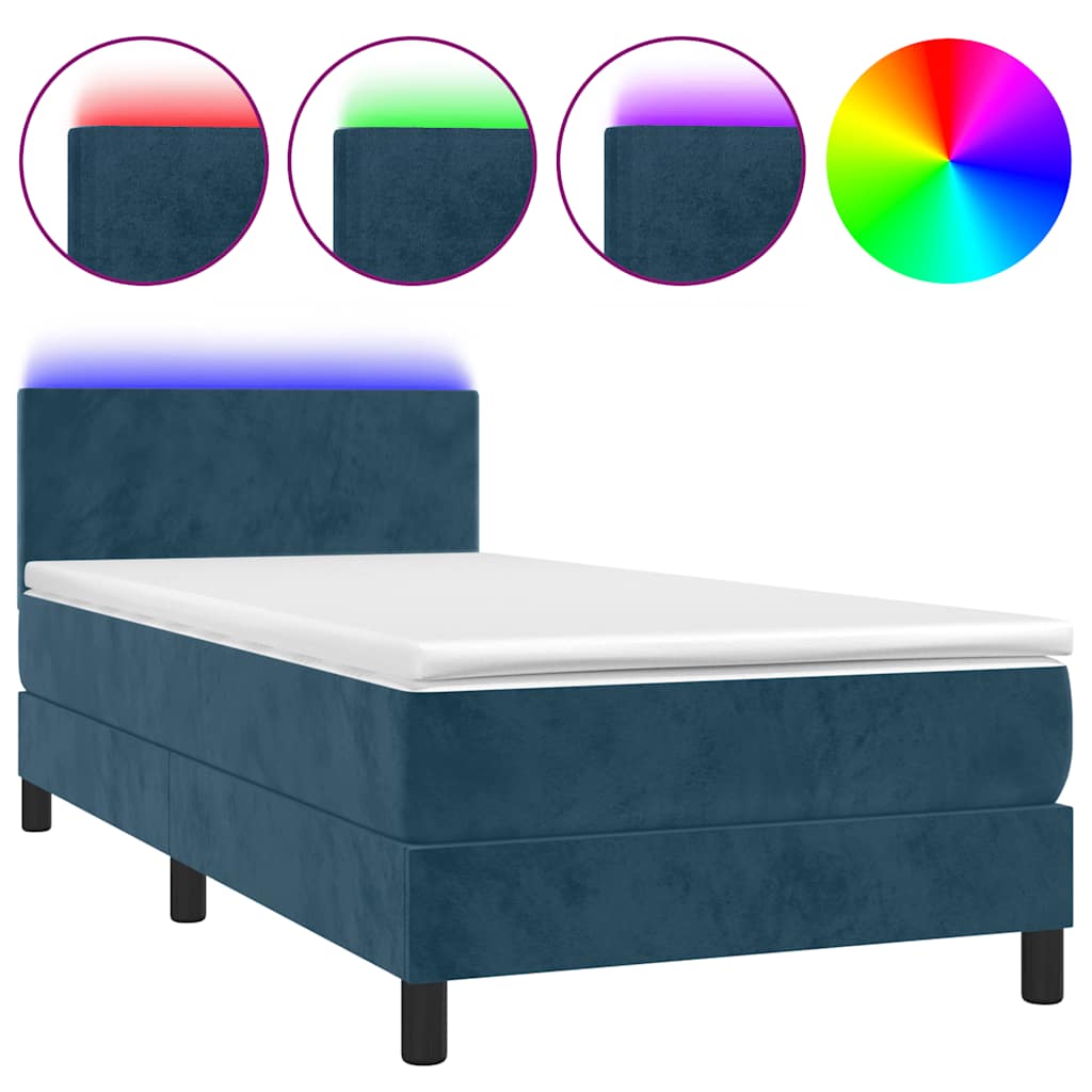 vidaXL Κρεβάτι Boxspring με Στρώμα & LED Σκ. Μπλε 100x200εκ. Βελούδινο