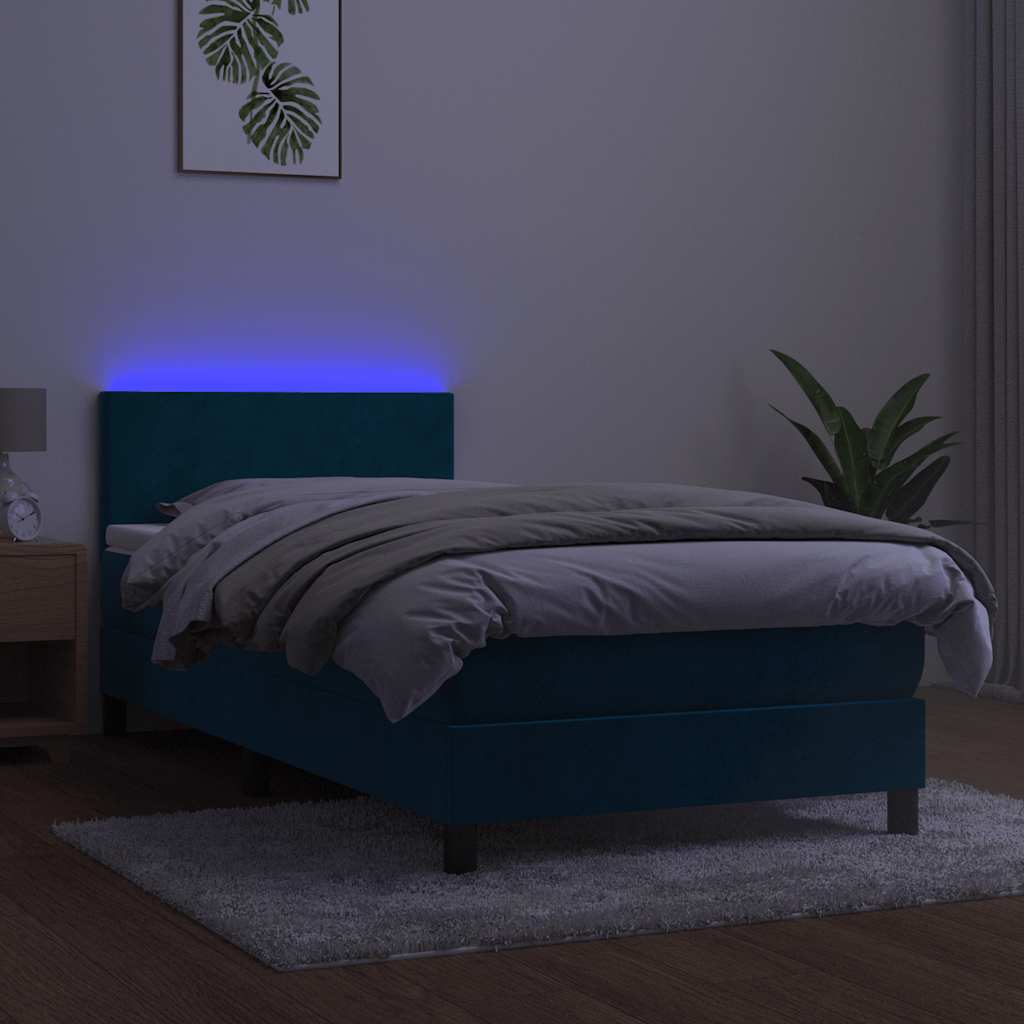 vidaXL Κρεβάτι Boxspring με Στρώμα & LED Σκ. Μπλε 100x200εκ. Βελούδινο