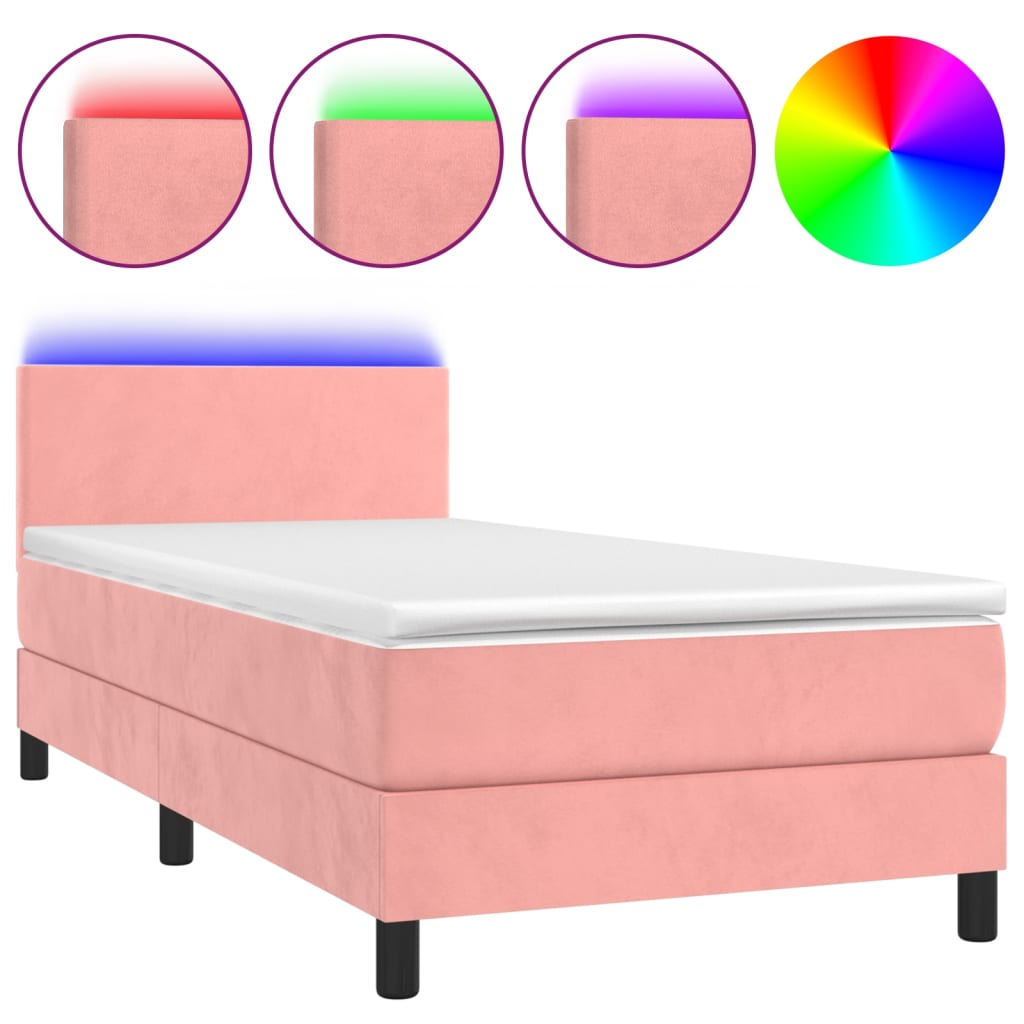 vidaXL Κρεβάτι Boxspring με Στρώμα & LED Ροζ 100x200 εκ. Βελούδινο