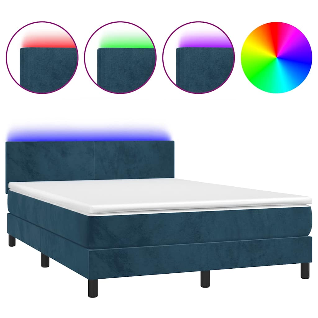 vidaXL Κρεβάτι Boxspring με Στρώμα & LED Σκ. Μπλε 140x200εκ. Βελούδινο