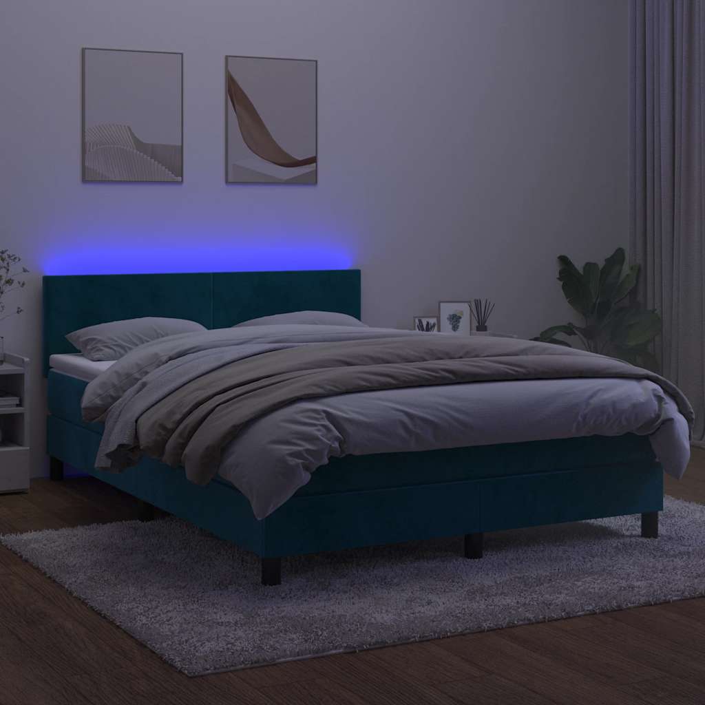 vidaXL Κρεβάτι Boxspring με Στρώμα & LED Σκ. Μπλε 140x200εκ. Βελούδινο