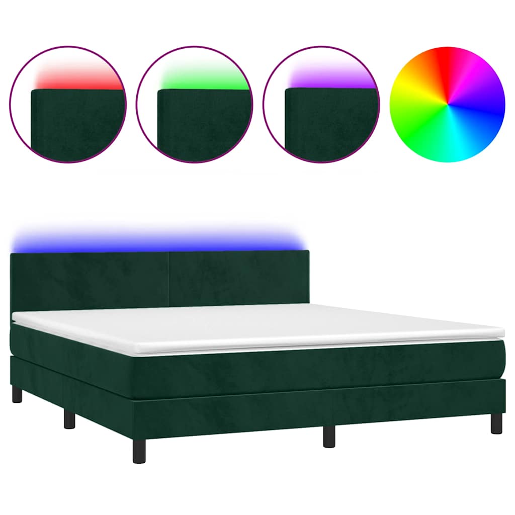 vidaXL Κρεβάτι Boxspring με Στρώμα & LED Σκ. Πράσινο 160x200εκ Βελούδο