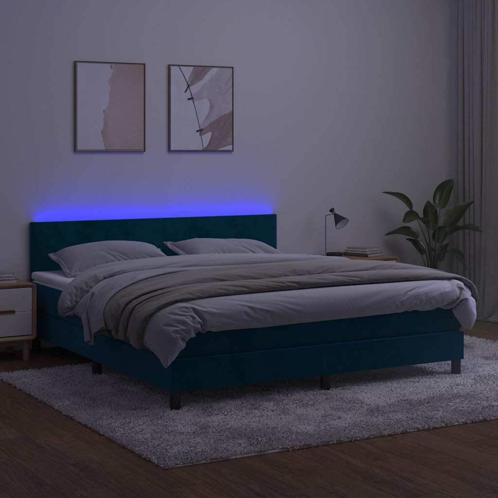 vidaXL Κρεβάτι Boxspring με Στρώμα & LED Σκ. Μπλε 160x200εκ. Βελούδινο