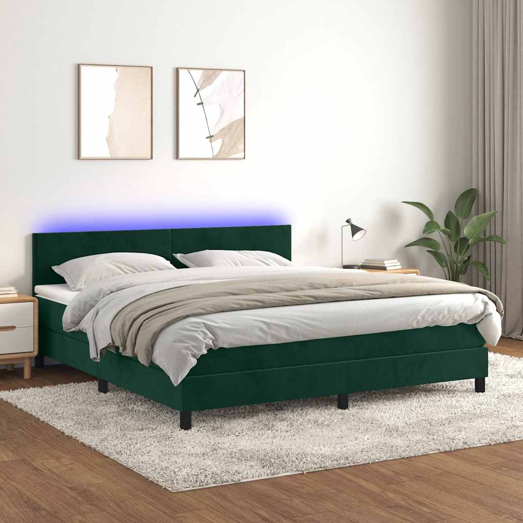 vidaXL Κρεβάτι Boxspring με Στρώμα & LED Σκ. Πράσινο 180x200εκ Βελούδο