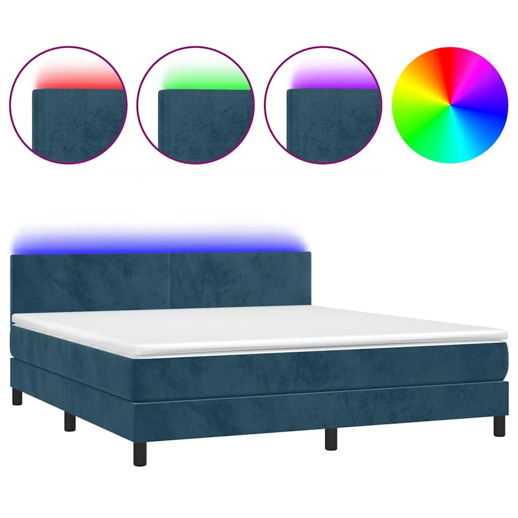 vidaXL Κρεβάτι Boxspring με Στρώμα & LED Σκ. Μπλε 180x200εκ. Βελούδινο