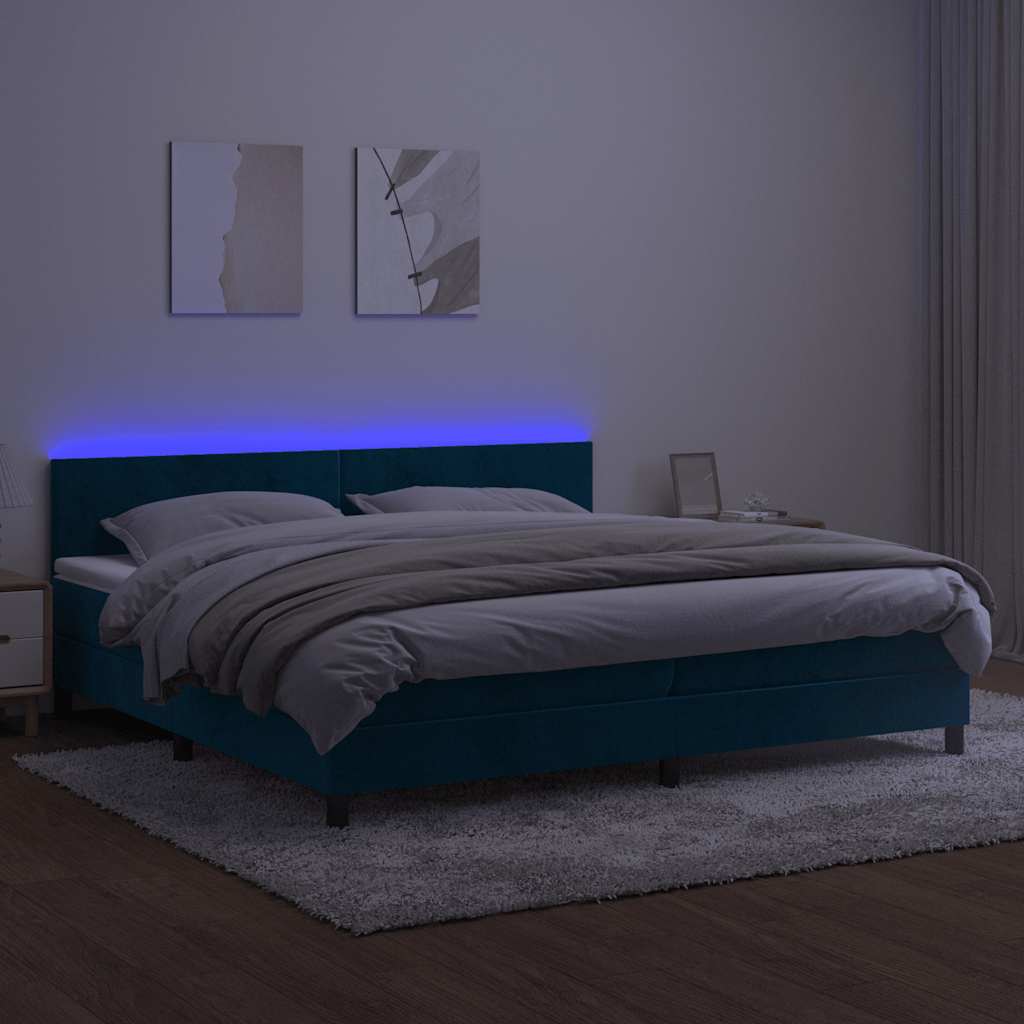 vidaXL Κρεβάτι Boxspring με Στρώμα & LED Σκ. Μπλε 200x200εκ. Βελούδινο