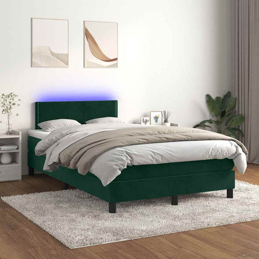 vidaXL Κρεβάτι Boxspring με Στρώμα & LED Σκ. Πράσινο 120x200εκ Βελούδο