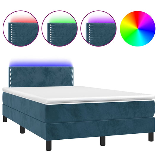 vidaXL Κρεβάτι Boxspring με Στρώμα & LED Σκ. Μπλε 120x200εκ. Βελούδινο