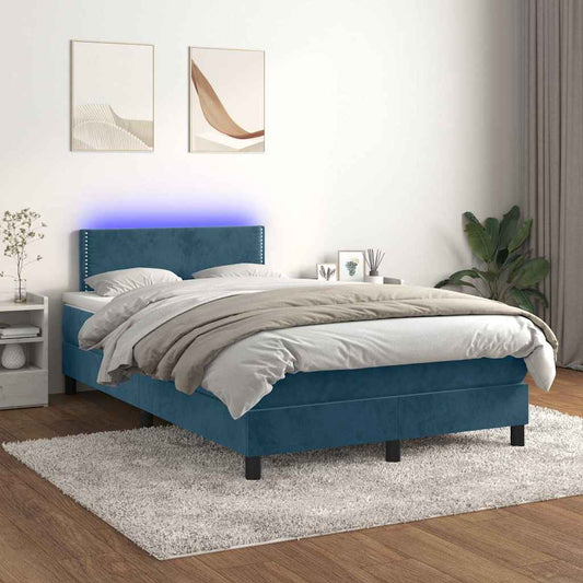 vidaXL Κρεβάτι Boxspring με Στρώμα & LED Σκ. Μπλε 120x200εκ. Βελούδινο