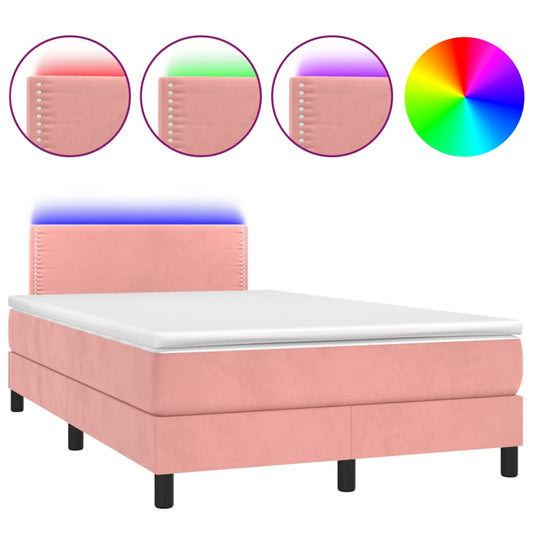 vidaXL Κρεβάτι Boxspring με Στρώμα & LED Ροζ 120x200 εκ. Βελούδινο