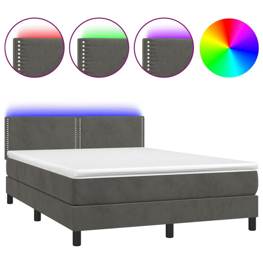 vidaXL Κρεβάτι Boxspring με Στρώμα & LED Σκ. Γκρι 140x190εκ. Βελούδινο