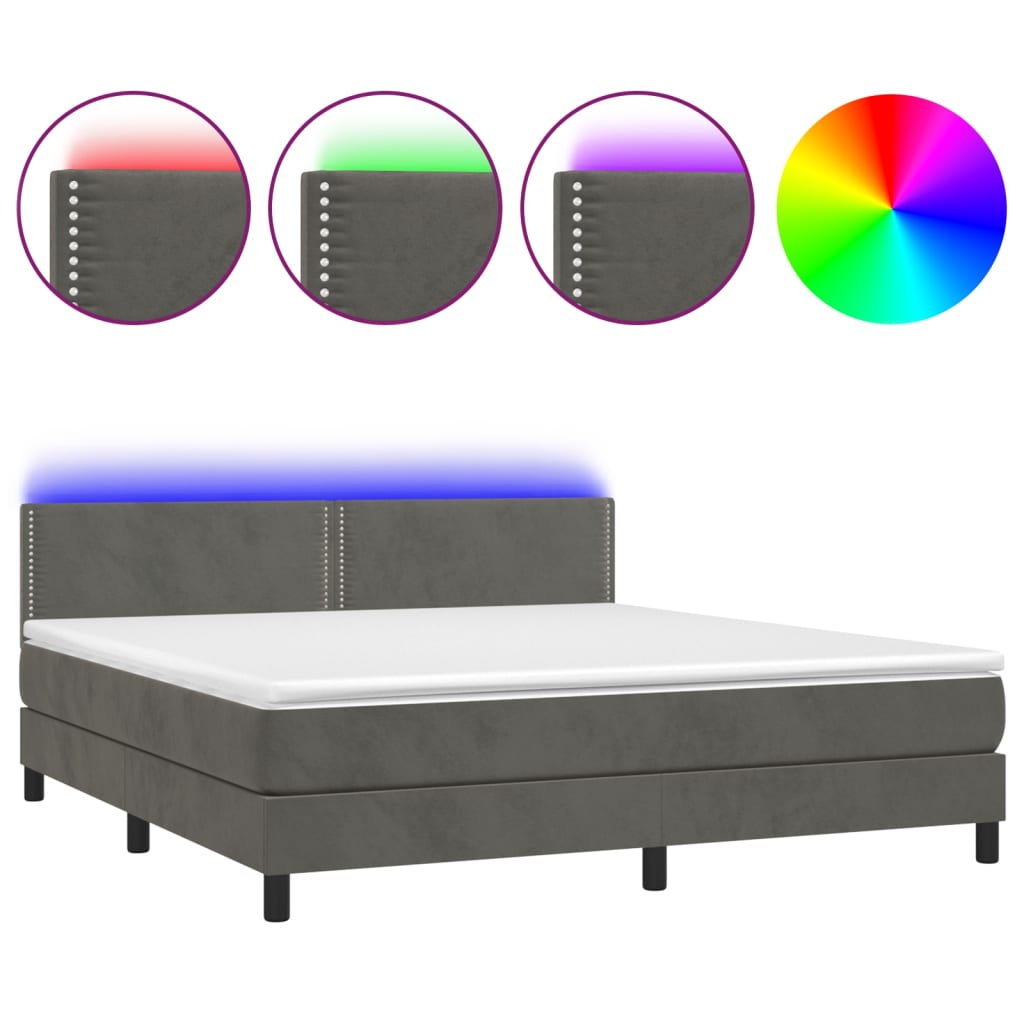 vidaXL Κρεβάτι Boxspring με Στρώμα & LED Σκ. Γκρι 160x200εκ. Βελούδινο
