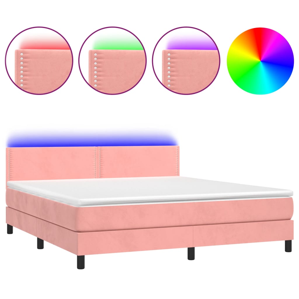 vidaXL Κρεβάτι Boxspring με Στρώμα & LED Ροζ 160x200 εκ. Βελούδινο
