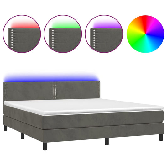 vidaXL Κρεβάτι Boxspring με Στρώμα & LED Σκ. Γκρι 180x200εκ. Βελούδινο