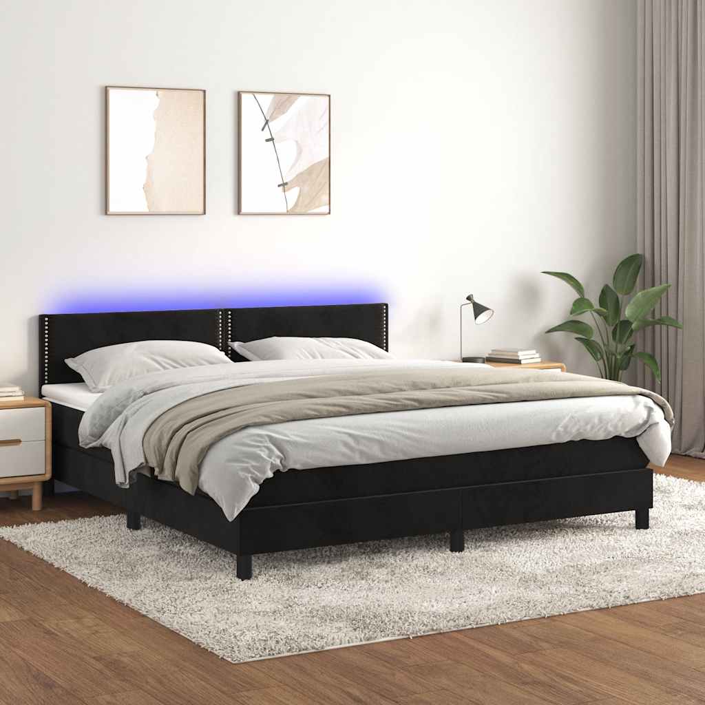 vidaXL Κρεβάτι Boxspring με Στρώμα & LED Μαύρο 180x200 εκ. Βελούδινο