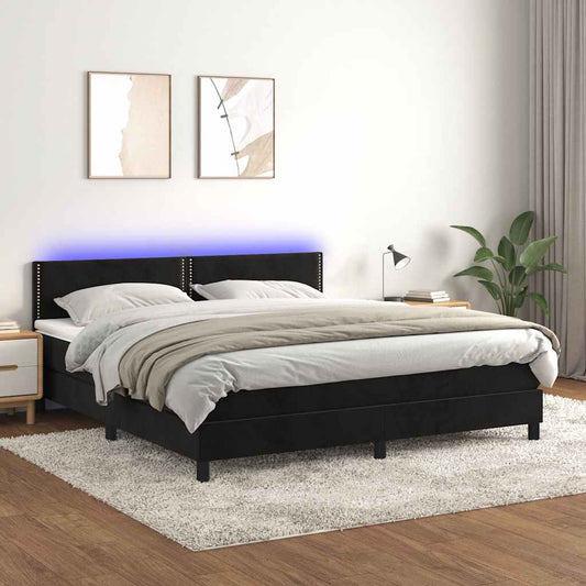 vidaXL Κρεβάτι Boxspring με Στρώμα & LED Μαύρο 180x200 εκ. Βελούδινο