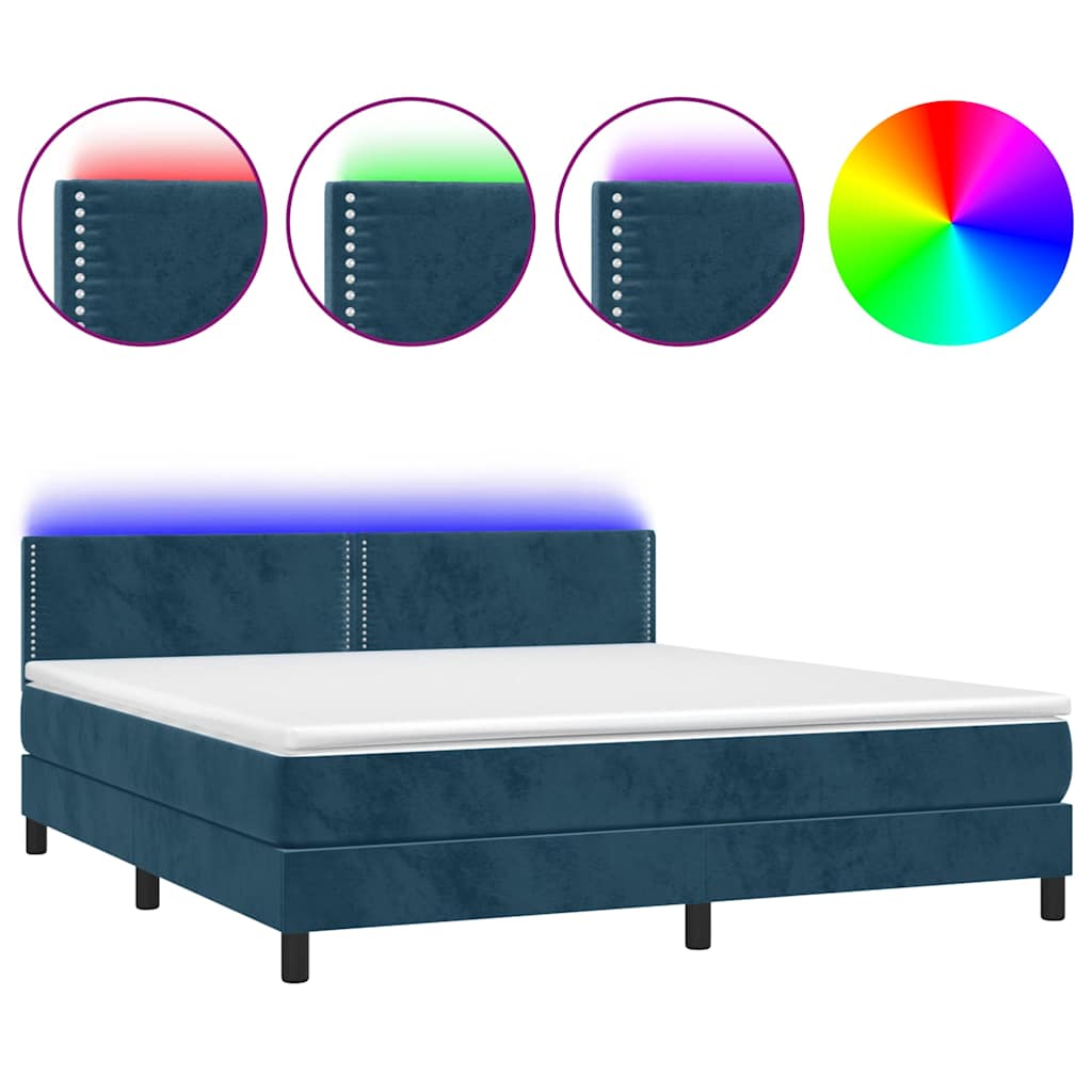 vidaXL Κρεβάτι Boxspring με Στρώμα & LED Σκ. Μπλε 180x200εκ. Βελούδινο
