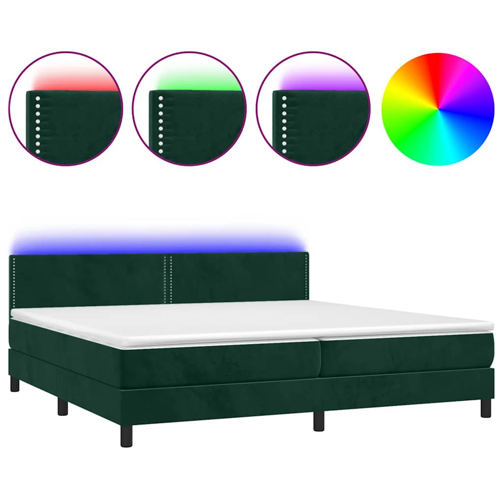 vidaXL Κρεβάτι Boxspring με Στρώμα & LED Σκ. Πράσινο 200x200εκ Βελούδο