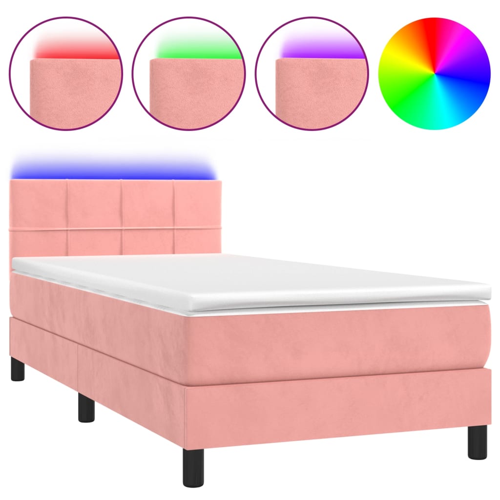 vidaXL Κρεβάτι Boxspring με Στρώμα & LED Ροζ 80 x 200 εκ. Βελούδινο