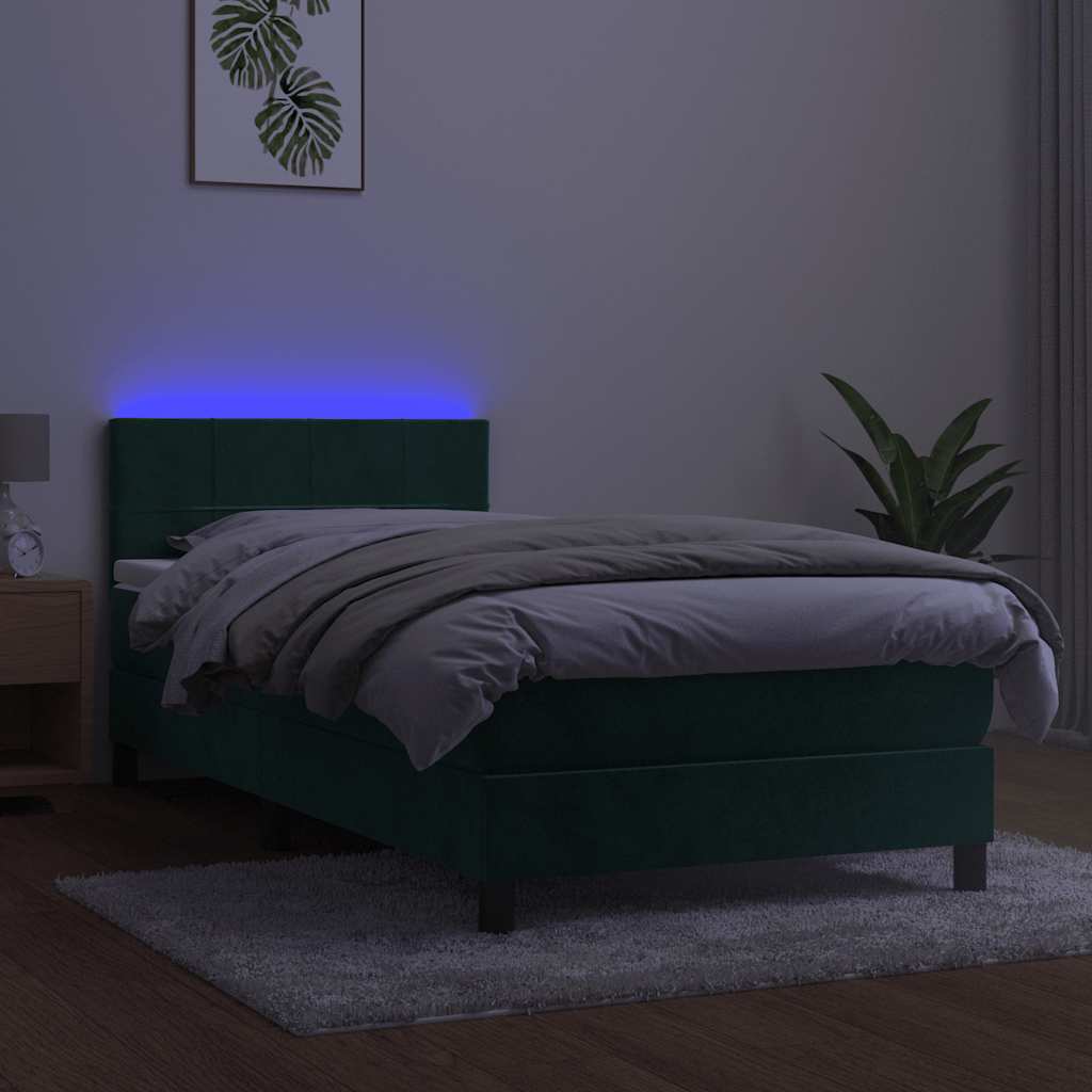 vidaXL Κρεβάτι Boxspring με Στρώμα & LED Σκ. Πράσινο 90x190 εκ Βελούδο