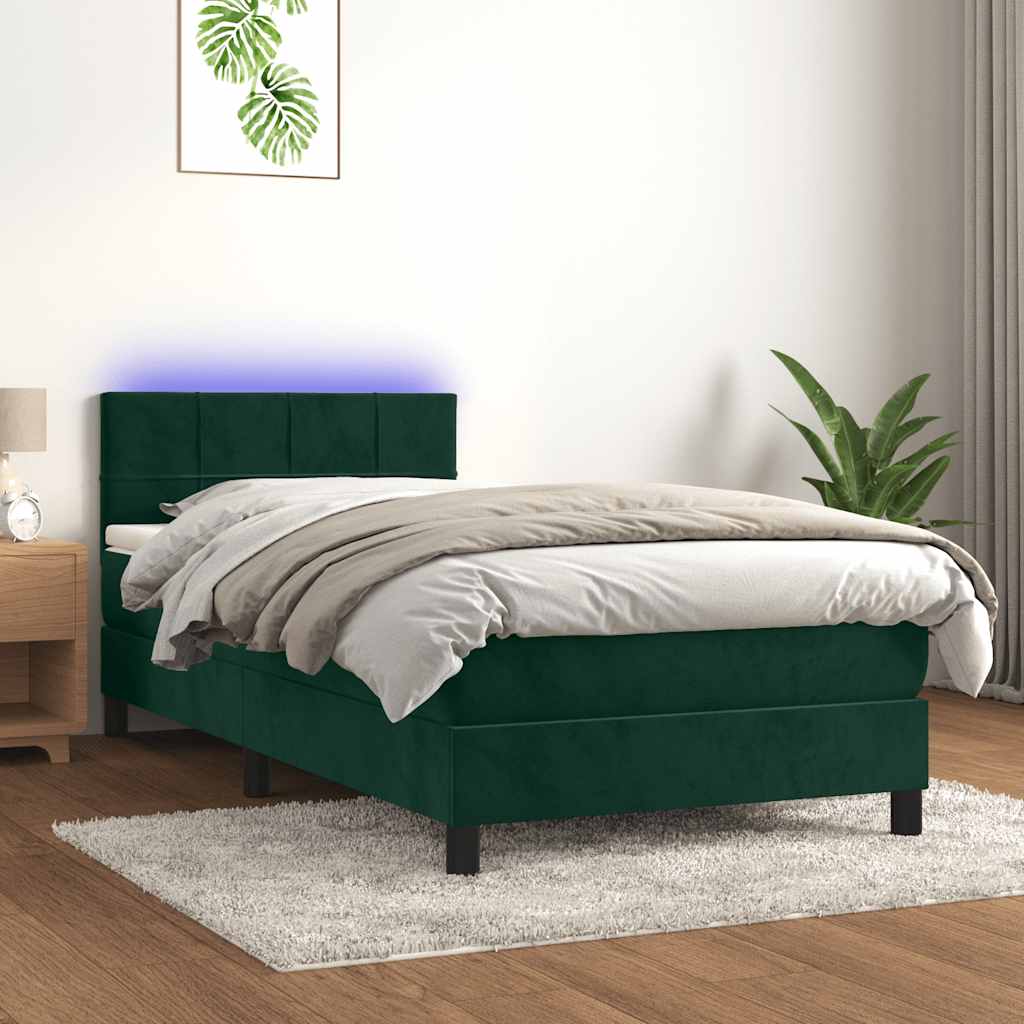 vidaXL Κρεβάτι Boxspring με Στρώμα & LED Σκ. Πράσινο 90x190 εκ Βελούδο