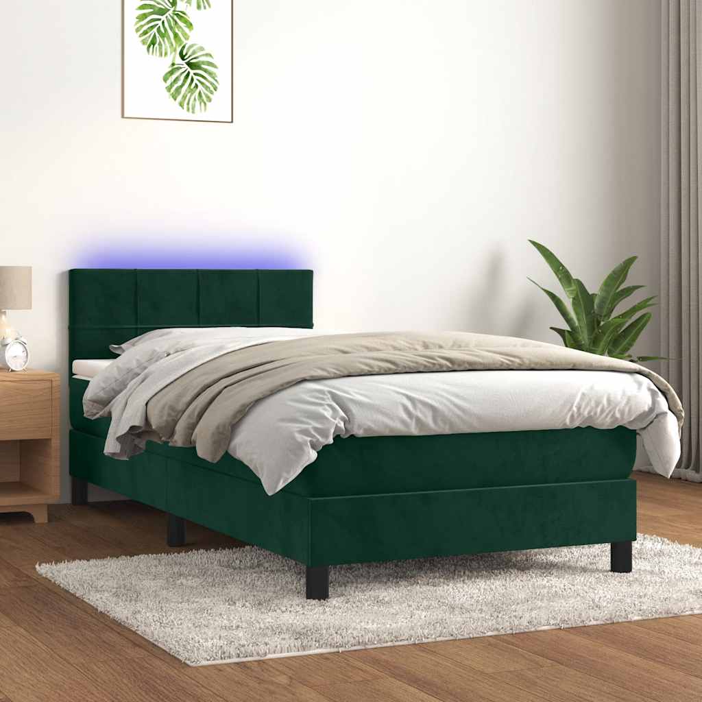 vidaXL Κρεβάτι Boxspring με Στρώμα & LED Σκ. Πράσινο 90x200 εκ Βελούδο