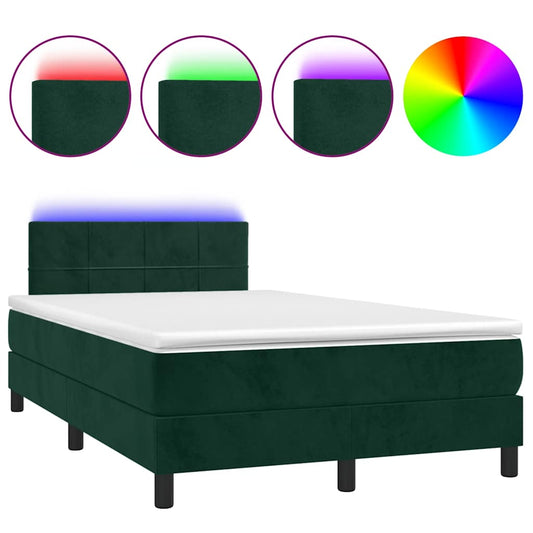 vidaXL Κρεβάτι Boxspring με Στρώμα & LED Σκ. Πράσινο 120x200εκ Βελούδο