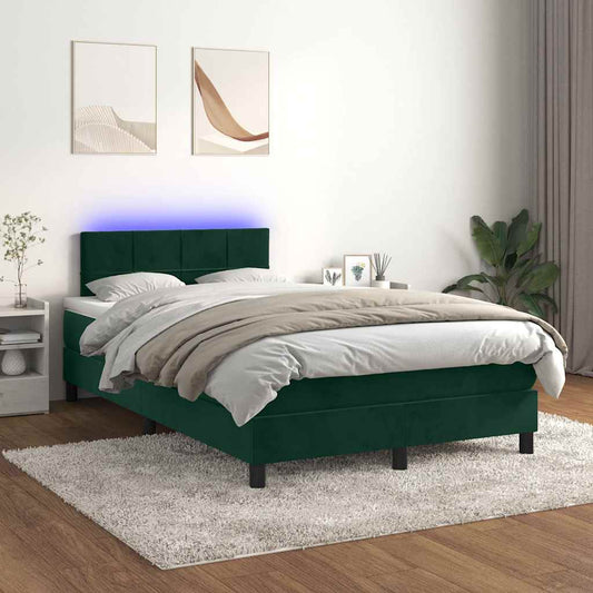 vidaXL Κρεβάτι Boxspring με Στρώμα & LED Σκ. Πράσινο 120x200εκ Βελούδο