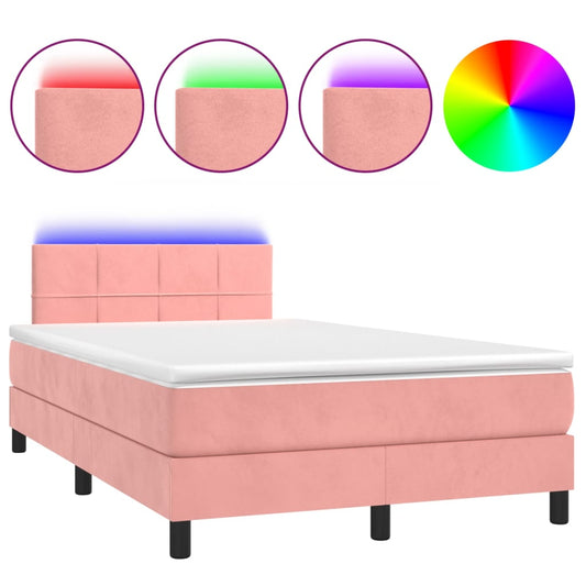 vidaXL Κρεβάτι Boxspring με Στρώμα & LED Ροζ 120x200 εκ. Βελούδινο