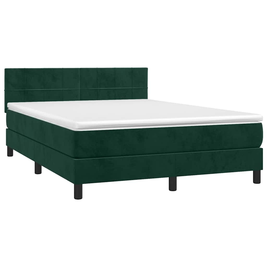 vidaXL Κρεβάτι Boxspring με Στρώμα & LED Σκ. Πράσινο 140x190εκ Βελούδο