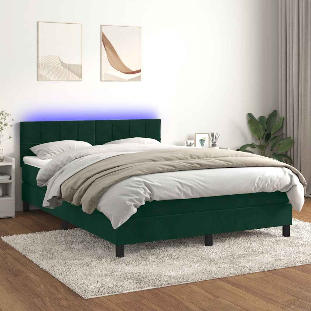 vidaXL Κρεβάτι Boxspring με Στρώμα & LED Σκ. Πράσινο 140x190εκ Βελούδο