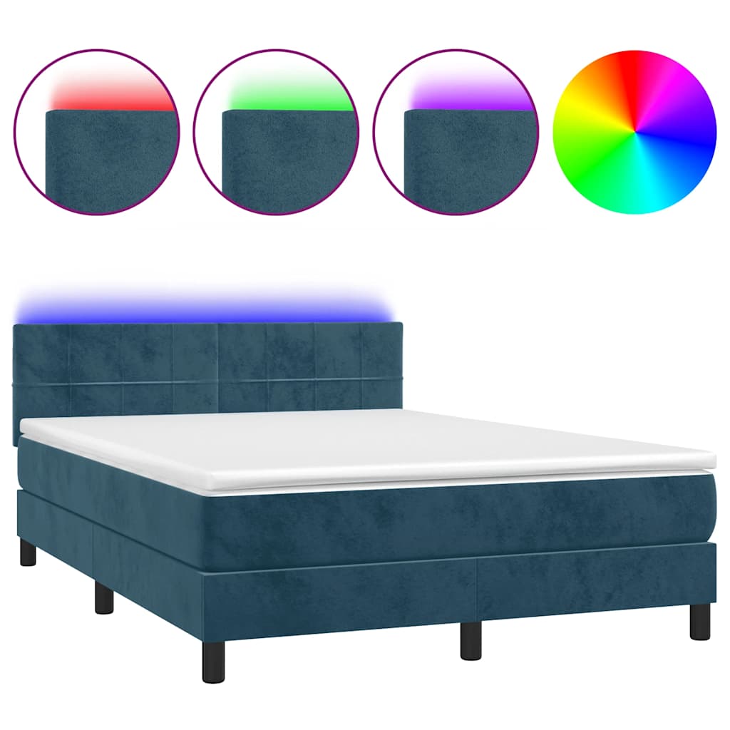 vidaXL Κρεβάτι Boxspring με Στρώμα & LED Σκ. Μπλε 140x190εκ. Βελούδινο