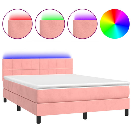 vidaXL Κρεβάτι Boxspring με Στρώμα & LED Ροζ 140x190 εκ. Βελούδινο