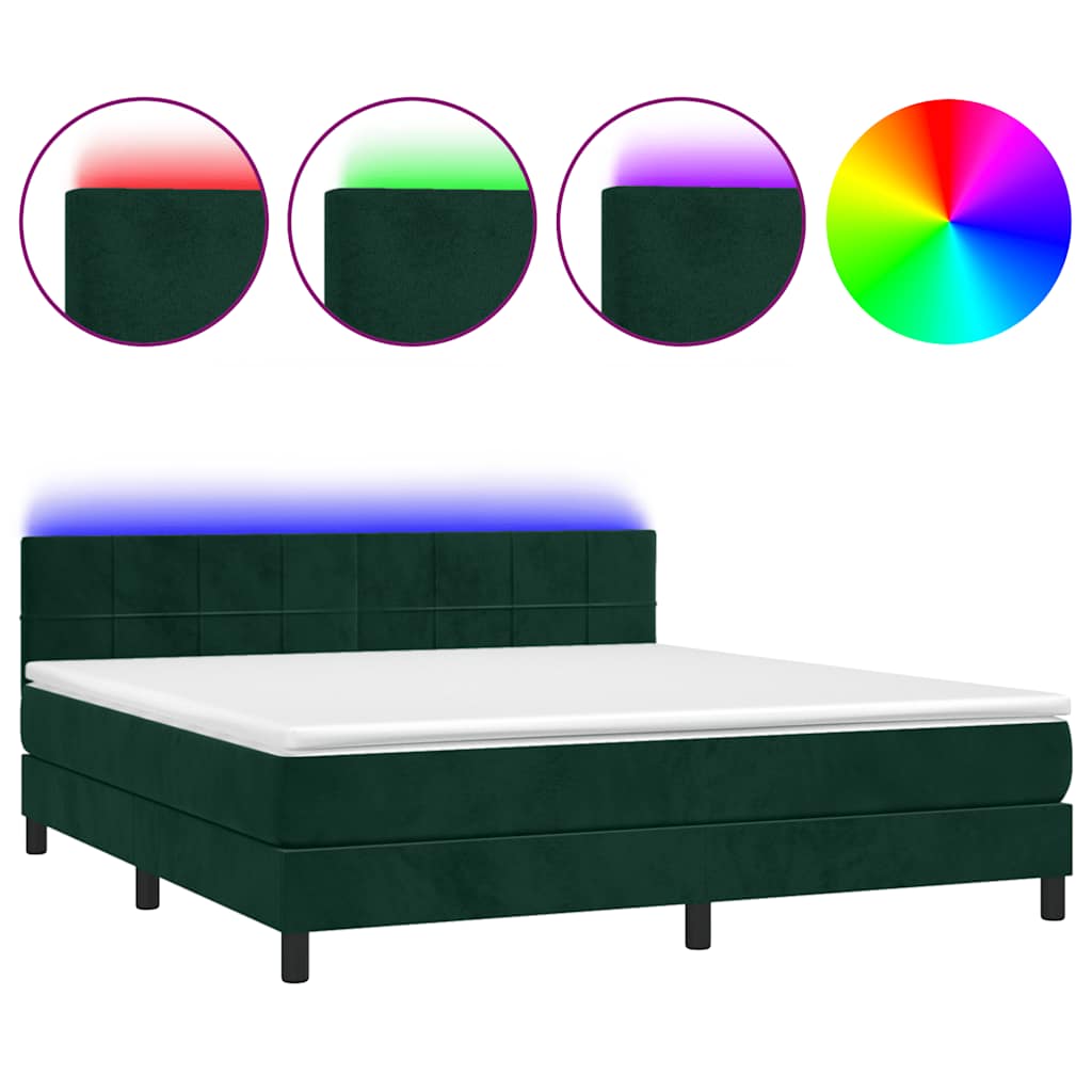vidaXL Κρεβάτι Boxspring με Στρώμα & LED Σκ. Πράσινο 160x200εκ Βελούδο