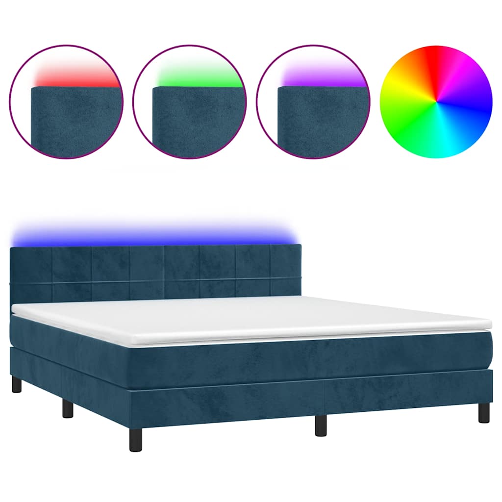 vidaXL Κρεβάτι Boxspring με Στρώμα & LED Σκ. Μπλε 160x200εκ. Βελούδινο