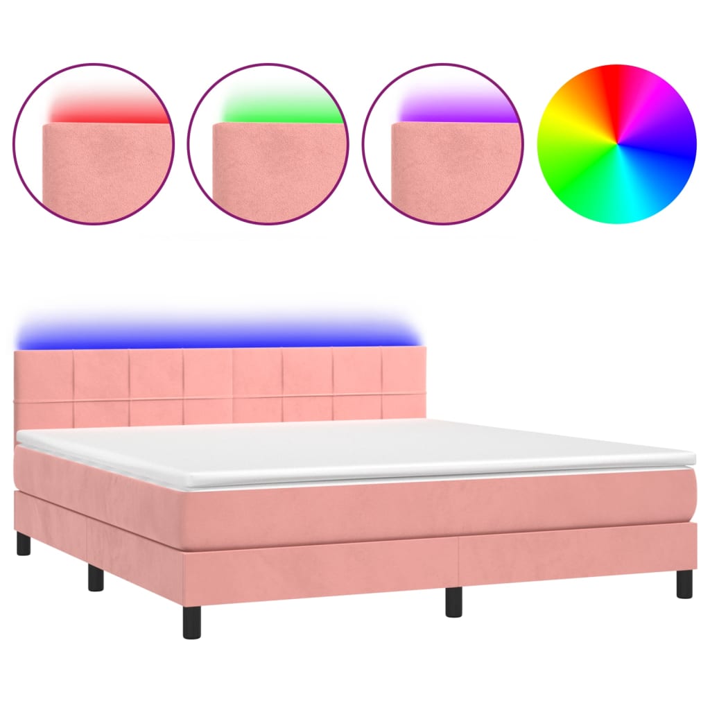 vidaXL Κρεβάτι Boxspring με Στρώμα & LED Ροζ 160x200 εκ. Βελούδινο
