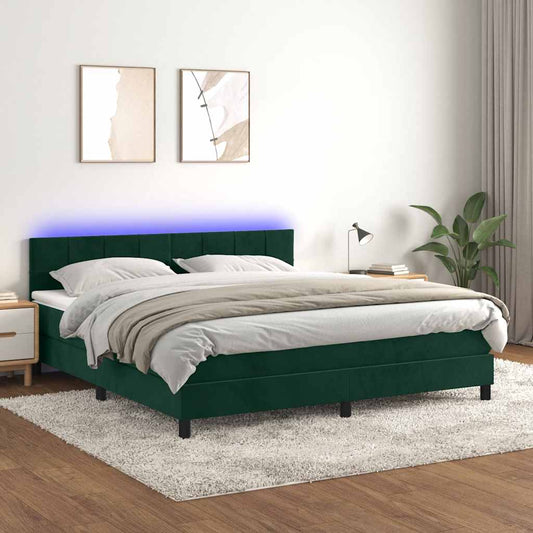 vidaXL Κρεβάτι Boxspring με Στρώμα & LED Σκ. Πράσινο 180x200εκ Βελούδο