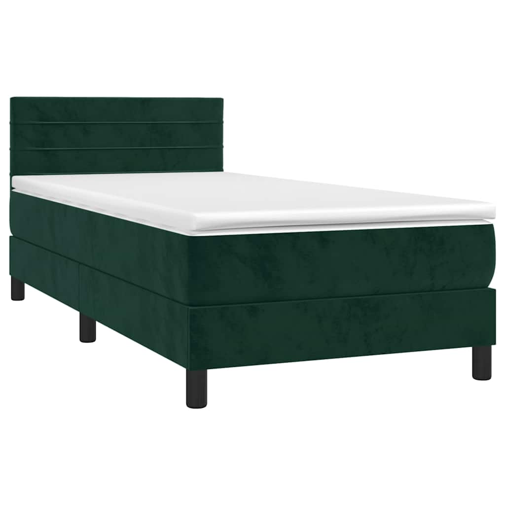 vidaXL Κρεβάτι Boxspring με Στρώμα & LED Σκ. Πράσινο 100x200εκ Βελούδο