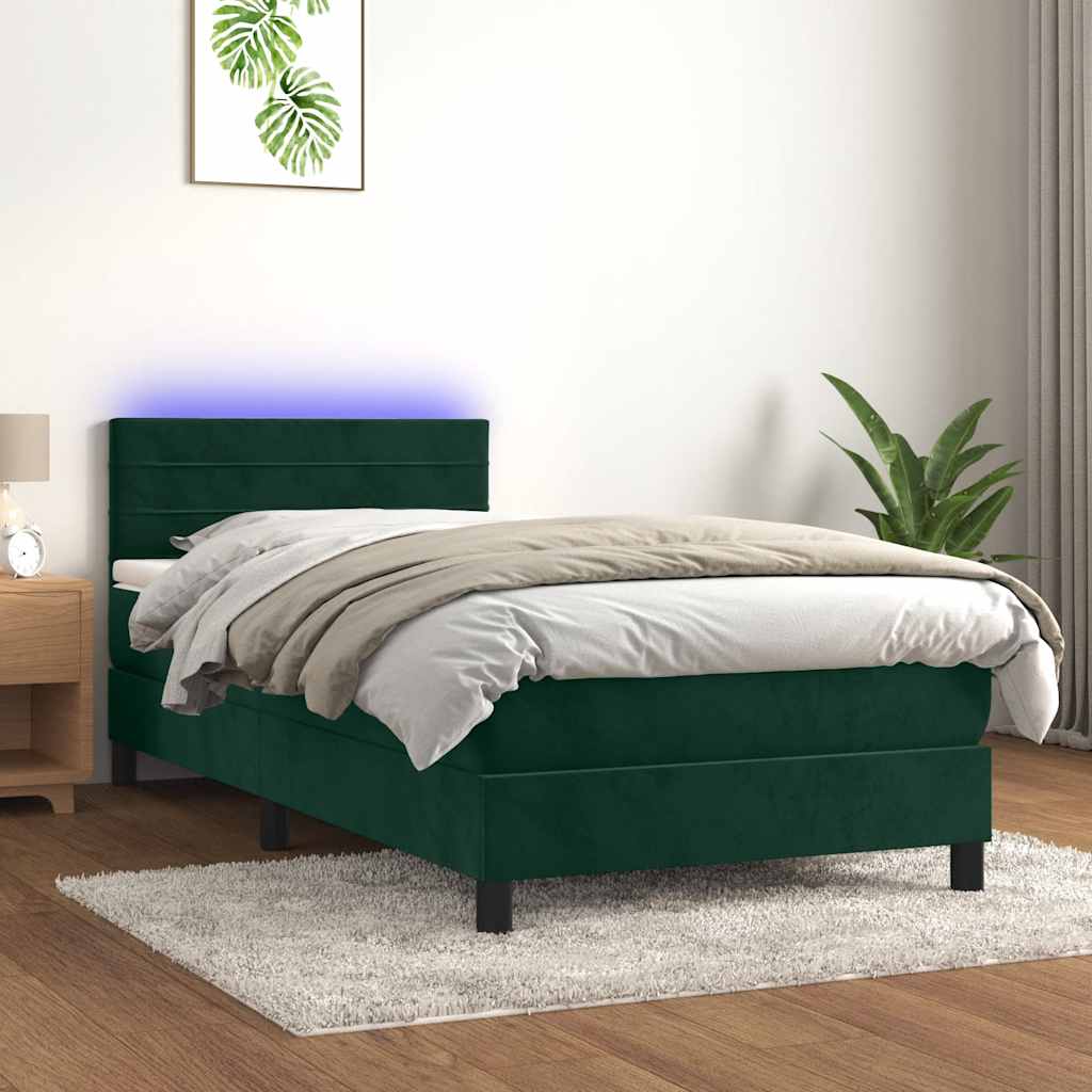 vidaXL Κρεβάτι Boxspring με Στρώμα & LED Σκ. Πράσινο 100x200εκ Βελούδο