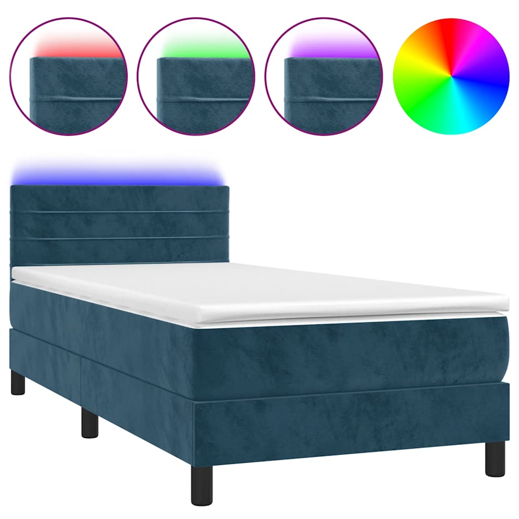 vidaXL Κρεβάτι Boxspring με Στρώμα & LED Σκ. Μπλε 100x200εκ. Βελούδινο