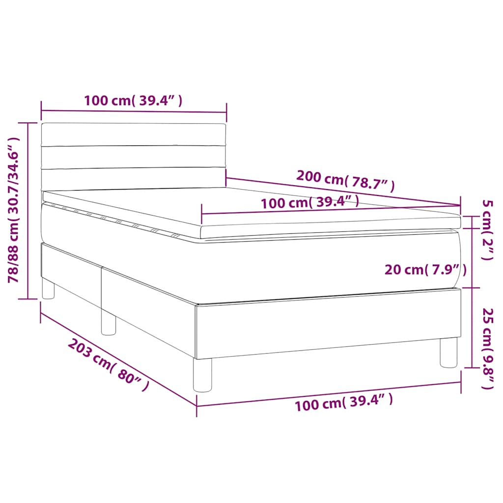 vidaXL Κρεβάτι Boxspring με Στρώμα & LED Σκ. Μπλε 100x200εκ. Βελούδινο