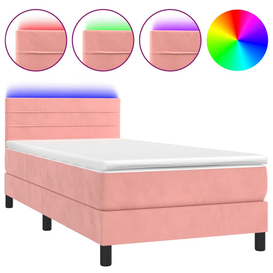 vidaXL Κρεβάτι Boxspring με Στρώμα & LED Ροζ 100x200 εκ. Βελούδινο