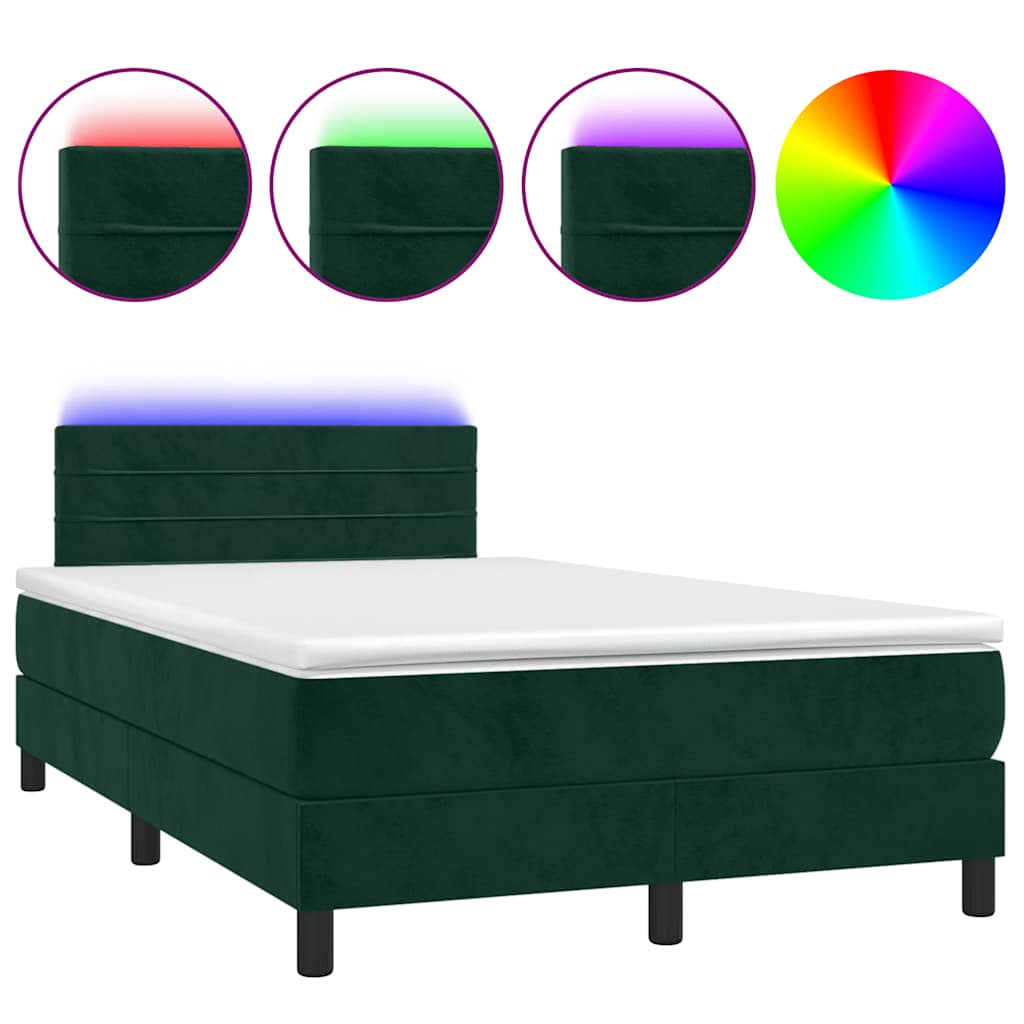 vidaXL Κρεβάτι Boxspring με Στρώμα & LED Σκ. Πράσινο 120x200εκ Βελούδο