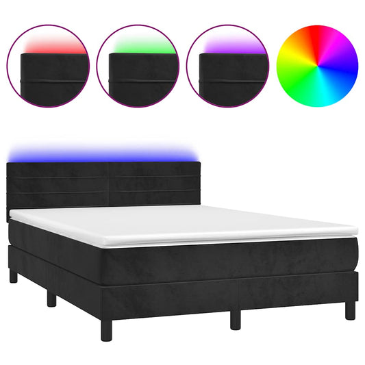 vidaXL Κρεβάτι Boxspring με Στρώμα & LED Μαύρο 140x190 εκ. Βελούδινο