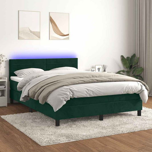 vidaXL Κρεβάτι Boxspring με Στρώμα & LED Σκ. Πράσινο 140x190εκ Βελούδο
