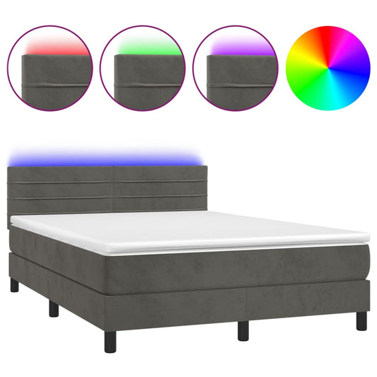 vidaXL Κρεβάτι Boxspring με Στρώμα & LED Σκ. Γκρι 140x200εκ. Βελούδινο