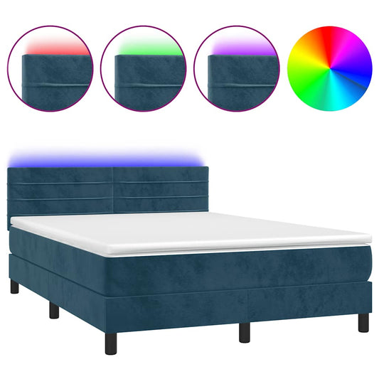 vidaXL Κρεβάτι Boxspring με Στρώμα & LED Σκ. Μπλε 140x200εκ. Βελούδινο